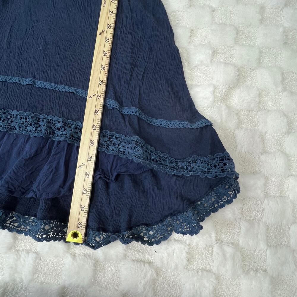 Miss Me Mini Dress L Blue Crochet Lace Empire Waist Flowy Spaghetti Strap - Picture 10 of 12